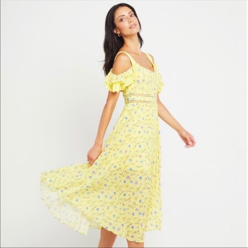 OPT Retsina Floral Print Pleated A-Line Midi Dress Size XS Yellow Cold Shoulder - Picture 12 of 13